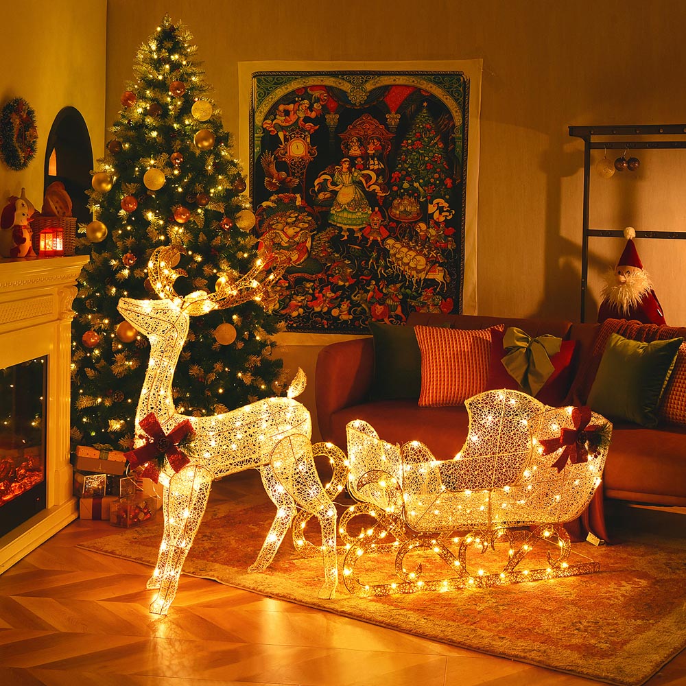 Costway 215 Warm White LED Pre-Lit Reindeer and Santa’s Sleigh Christmas Decoration Image 4