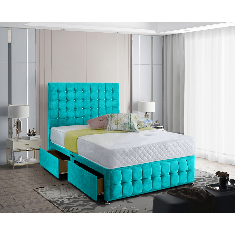 Eleganza Home Cloudrest Super King Size Teal Plush Velvet 2 Drawer Divan Bed with Headboard Image 2