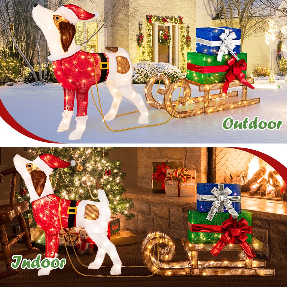 Costway Pre-Lit Lighted Dog Sleigh Gift Boxes Combo Christmas Decoration Image 5