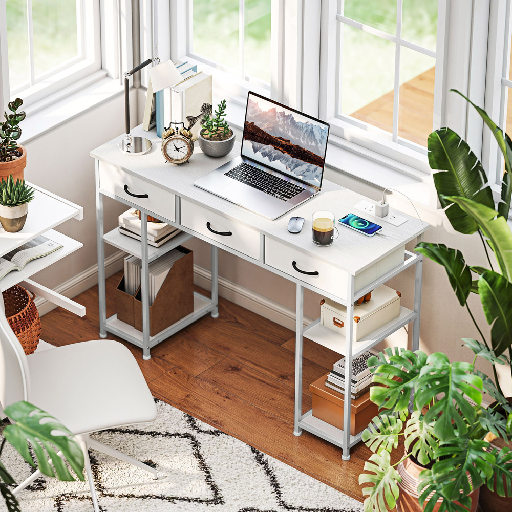 HOMCOM 3 Drawer 4 Shelf Computer Desk with Power Outlets White Image 3