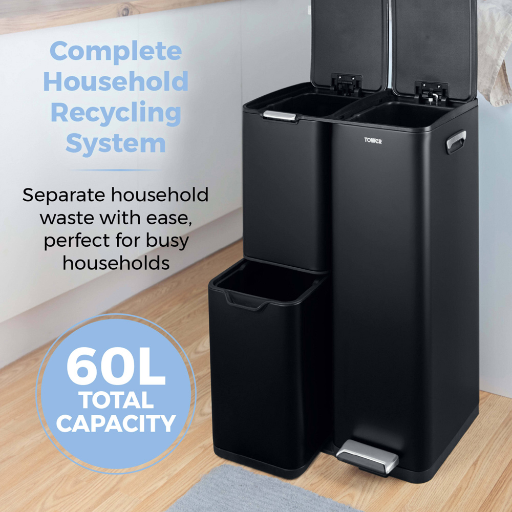 Tower Triple Recycling Black Pedal Bin 60L Image 3