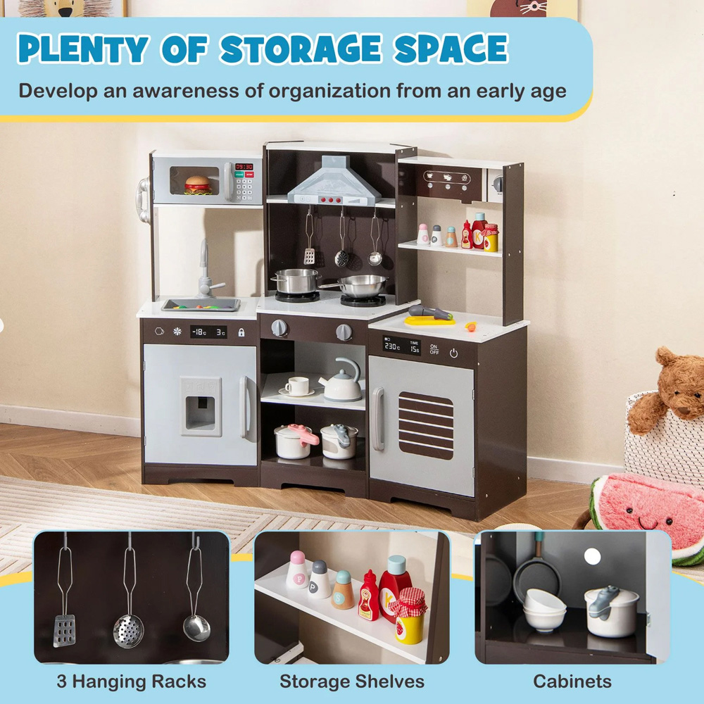 Costway Kids Brown Wooden Kitchen Play Set with Real Sounds and Lights Image 6