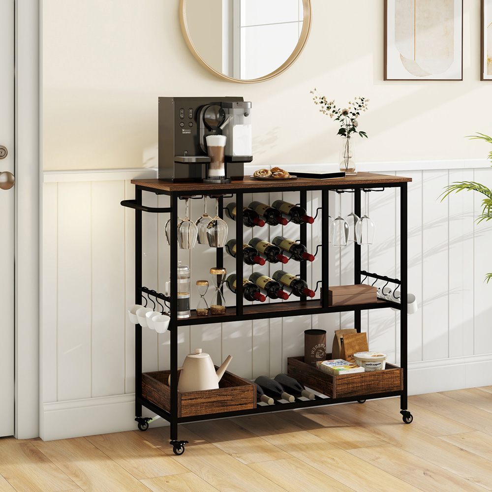 Costway 3 Tier Rustic Brown Bar Cart on Wheels with Glass Racks Image 2