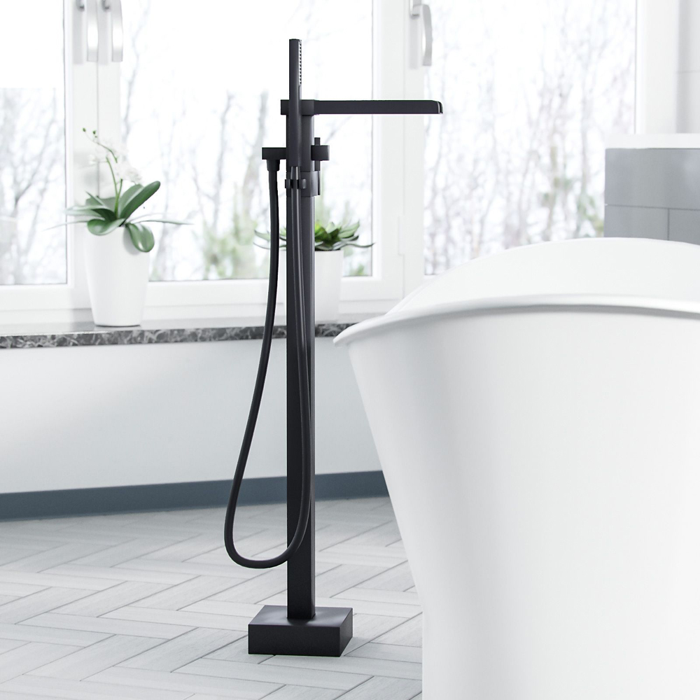 Nes Home Laura Waterfall Matte Black Freestanding Bath Shower Mixer Tap Image 2