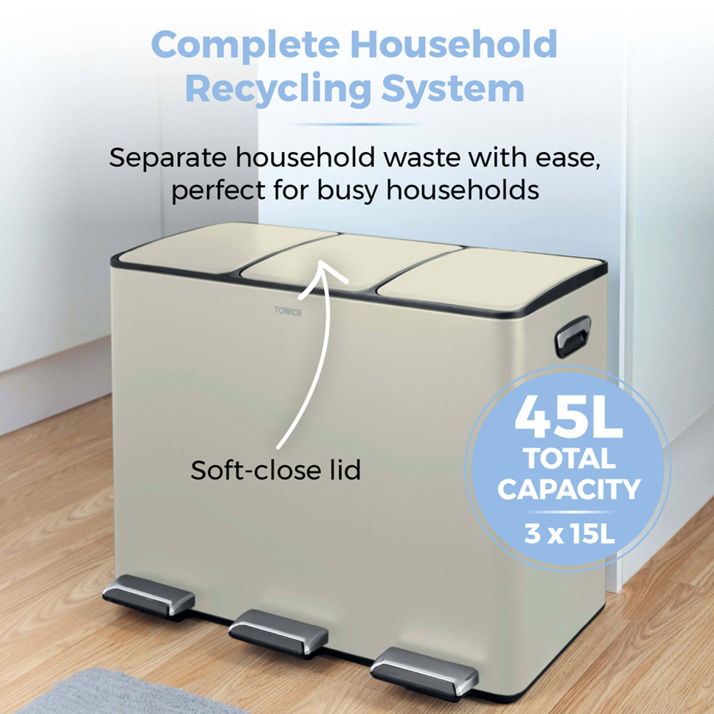Tower Triple Recycling Cream Pedal Bin 45L Image 3