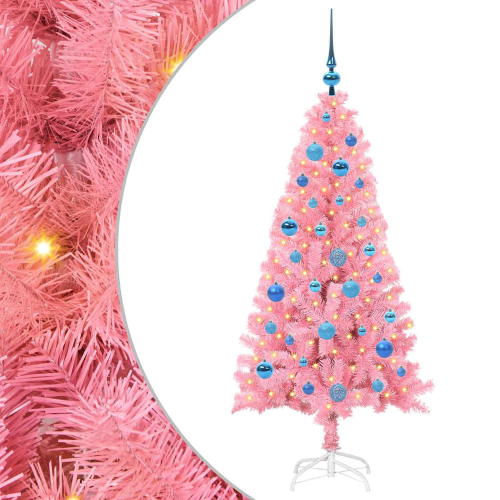 vidaXL Pre-Lit Blue Baubles Pink Artificial Christmas Tree 5ft Image 2