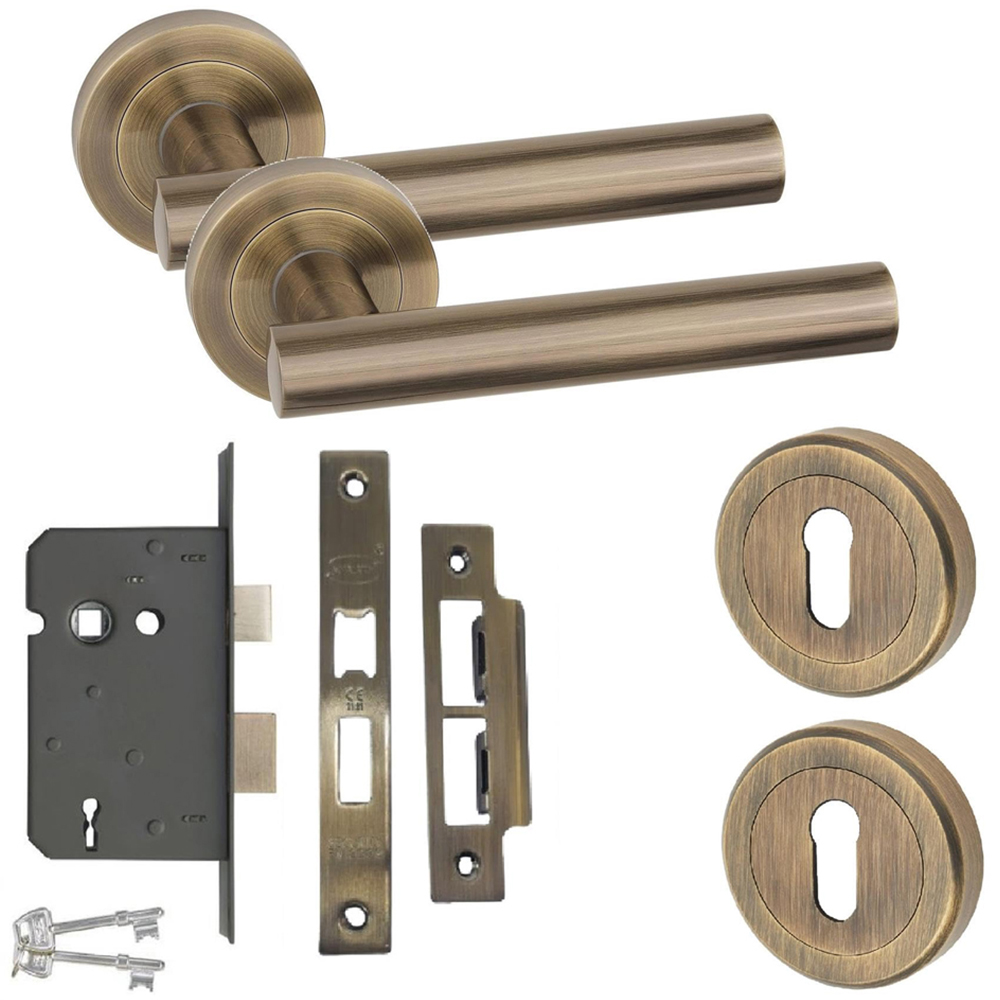 Golden Grace Antique Brass Straight T-Bar Door Handle with Thumbturn and Mortise Lock Image 1
