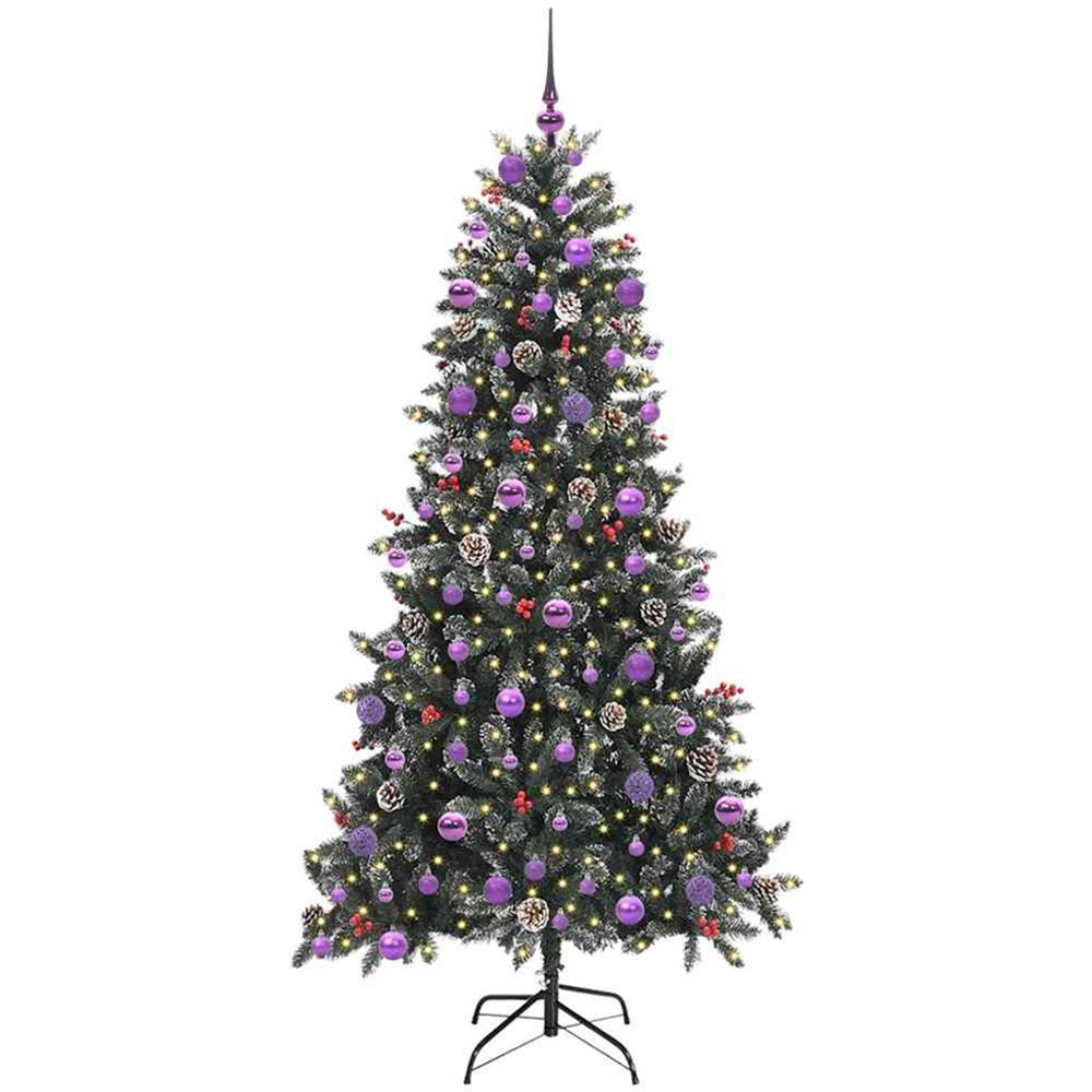 vidaXL Pre-Lit Lilac Baubles and Pinecones Green Artificial Snow Tipped Christmas Tree 7ft Image 1