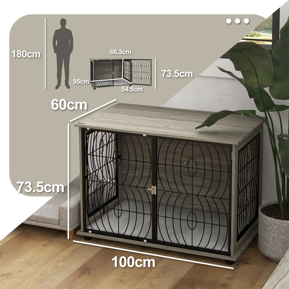 PawHut Grey Dog Crate End Table with Cushion 94cm Image 7