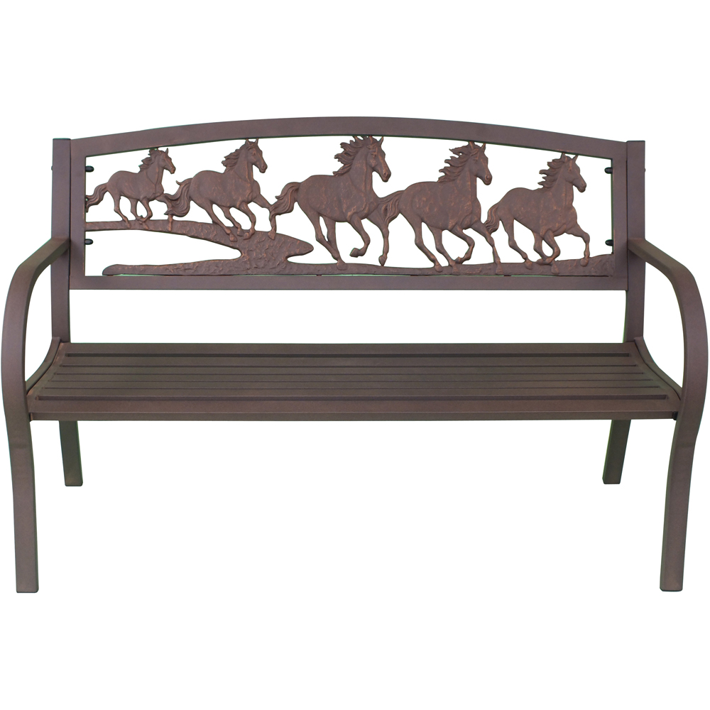 Gardeco 2 Seater Running Horse Motif Bronze Patina Steel framed Cast Iron Bench Image 2
