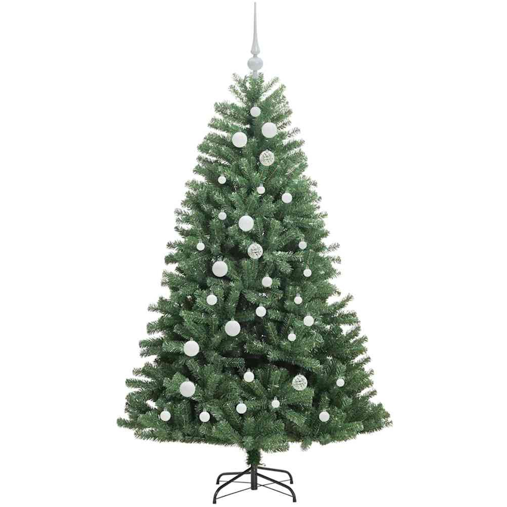 vidaXL Pre-Lit White Baubles Green Artificial Hinged Christmas Tree 5ft Image 4