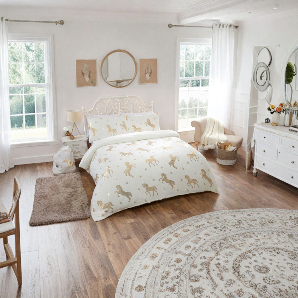 Smart Living Single Ivory Foil Flannel Fleece Unicorn Duvet Set Image 4