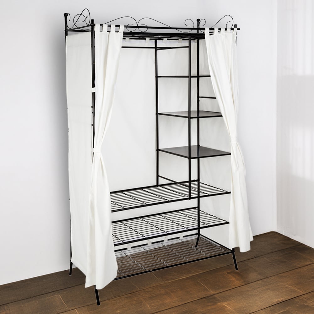 Tectake 6 Shelf Black Wardrobe with Fabric Curtain Image 1