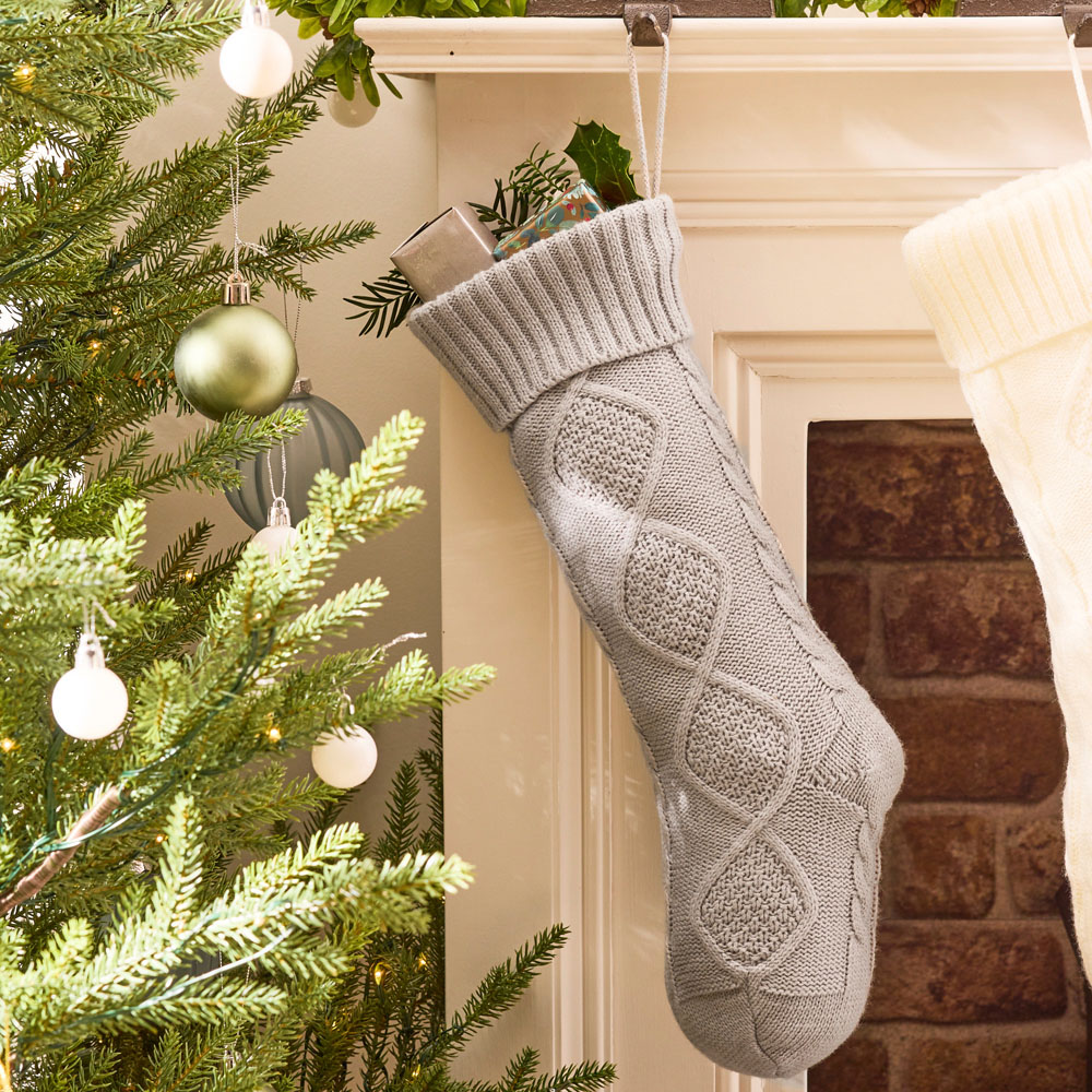 Dibor Grey Chunky Knit Christmas Stocking Image 2