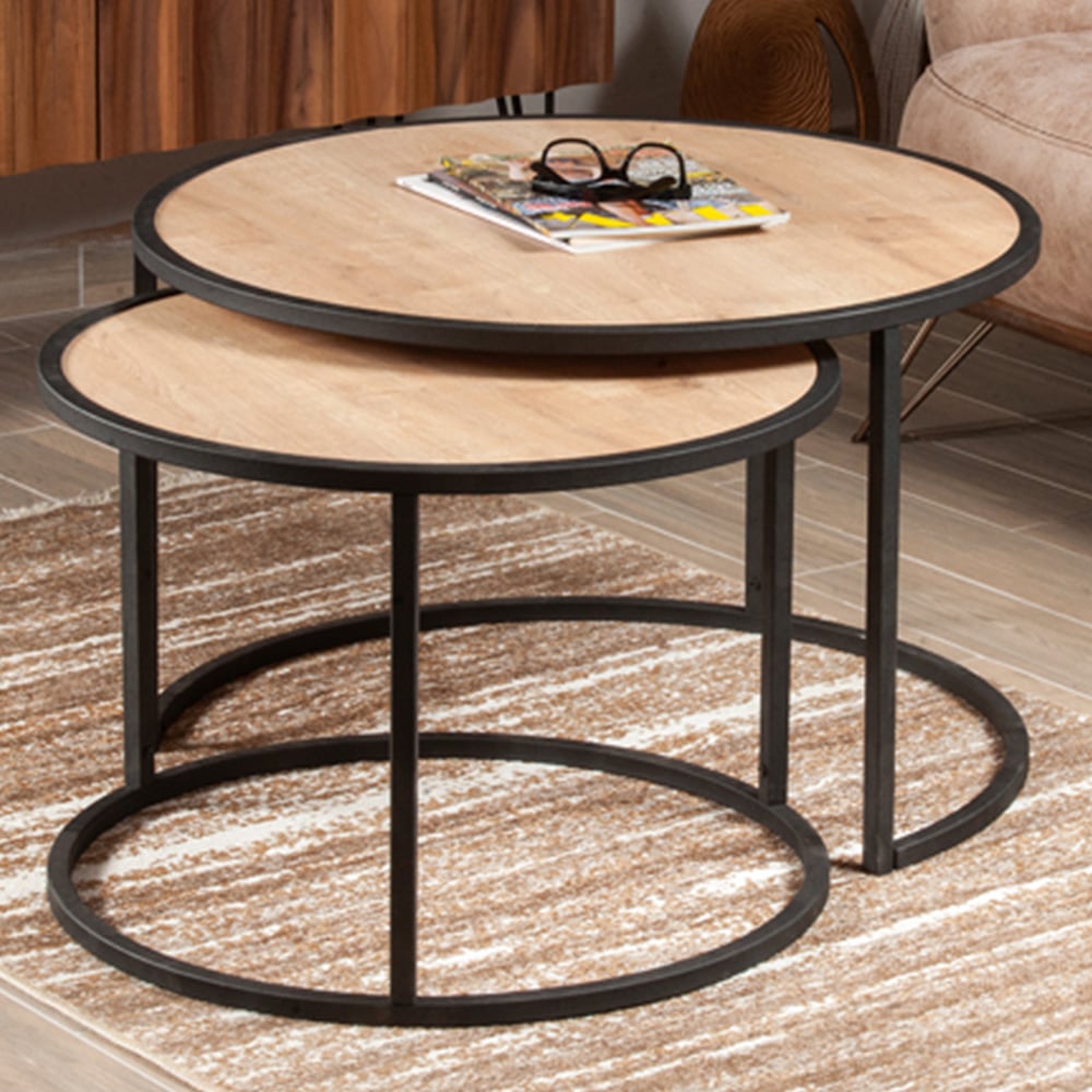 Decorotika Tambur Sapphire Oak and Black Round Nest of Coffee Tables Set of 2 Image 1