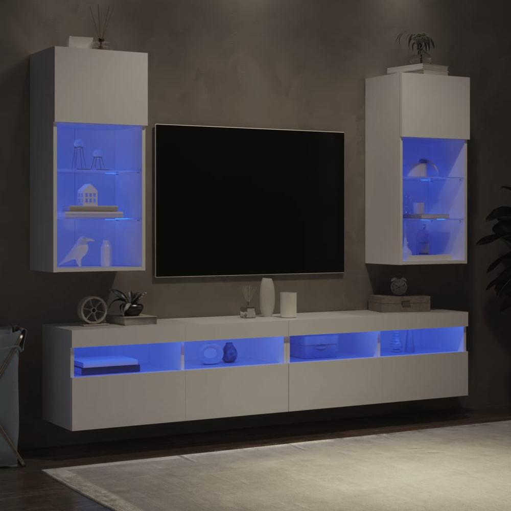 vidaXL Single Door 3 Shelf White Wooden TV Cabinet with LED Set of 2 Image 4