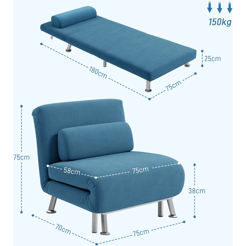 HOMCOM Single Blue Velvet Chair Bed with Adjustable Backrest Image 8