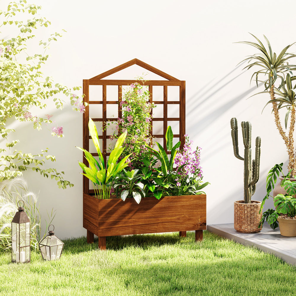 Outsunny Brown Wooden Garden Planter with Trellis Image 2