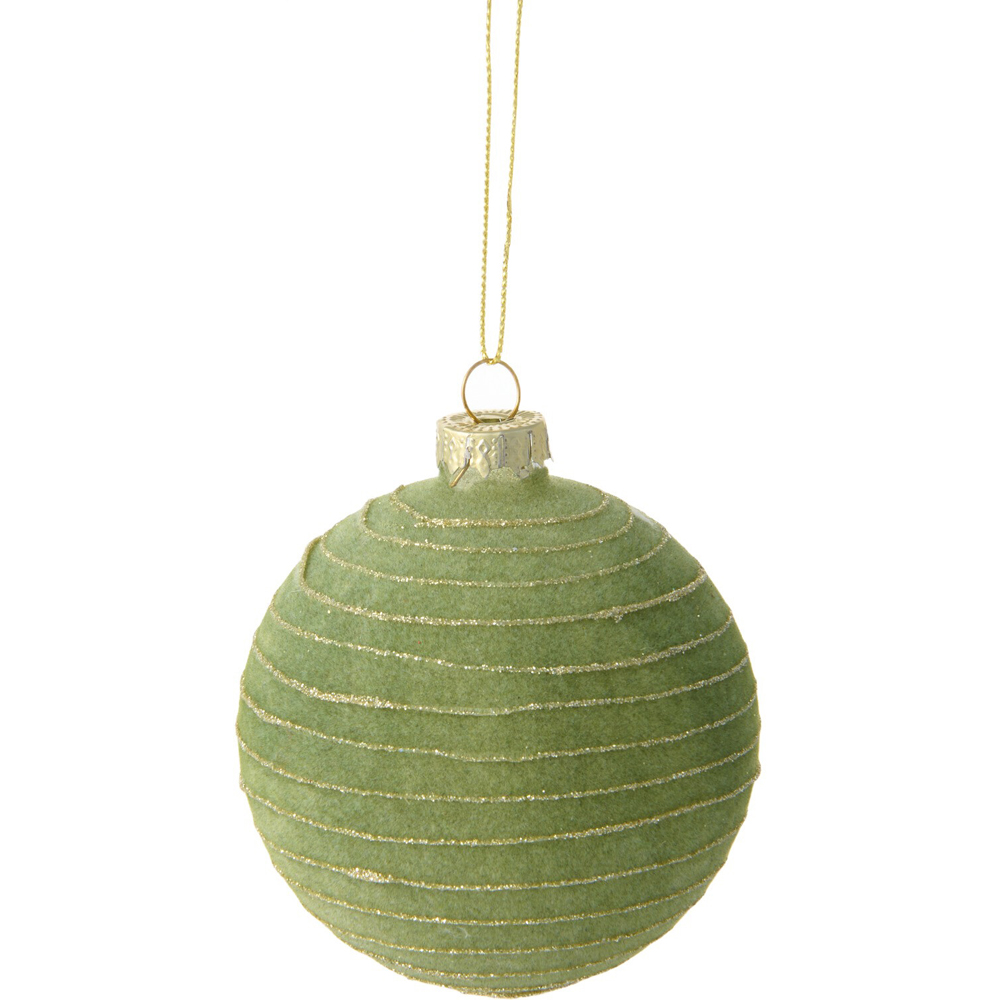 Green Flocked Striped Bauble Image 3