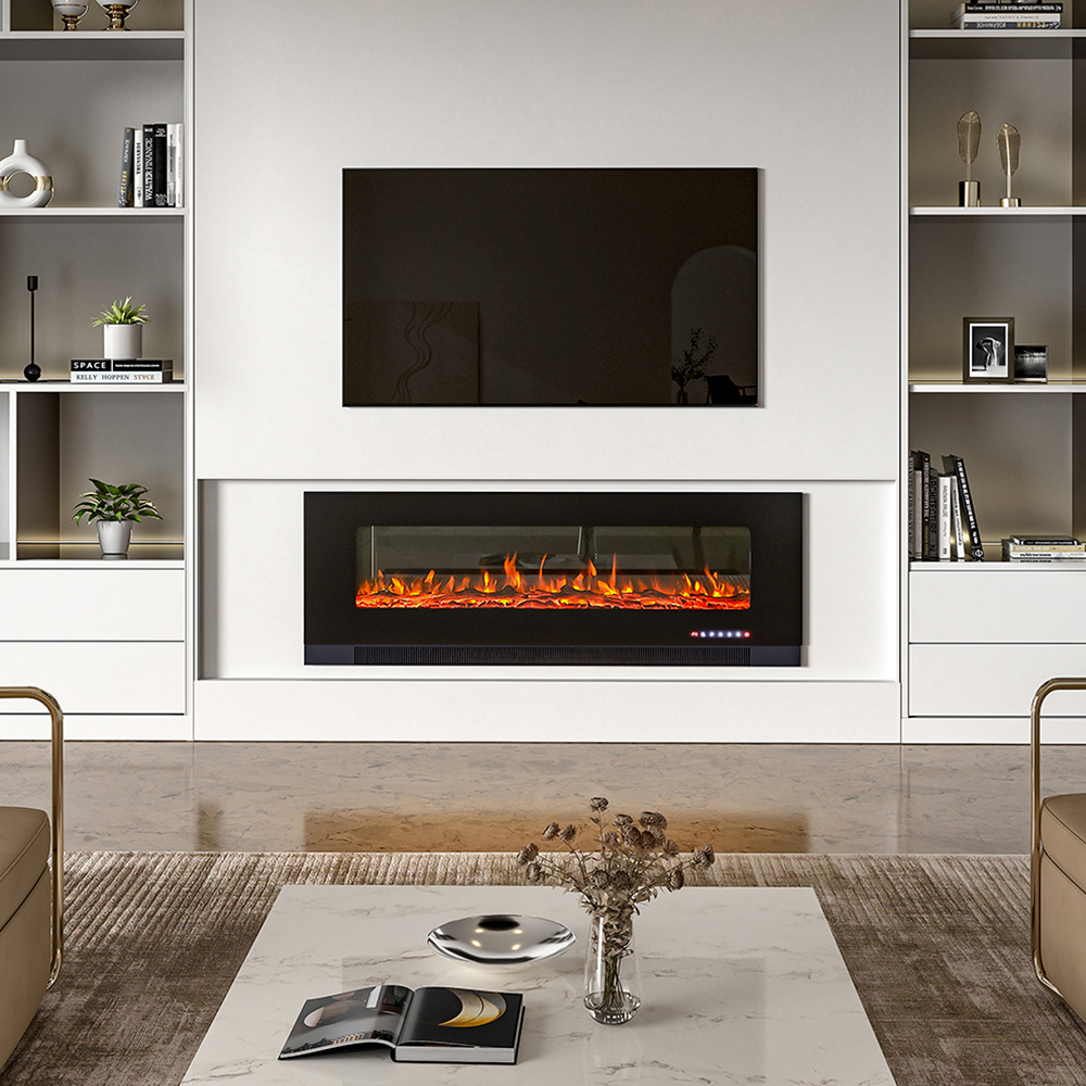 Living and Home Wall Mounted Recessed Electric Fireplace with Faux Log and Pebble Accents 50 inch Image 8