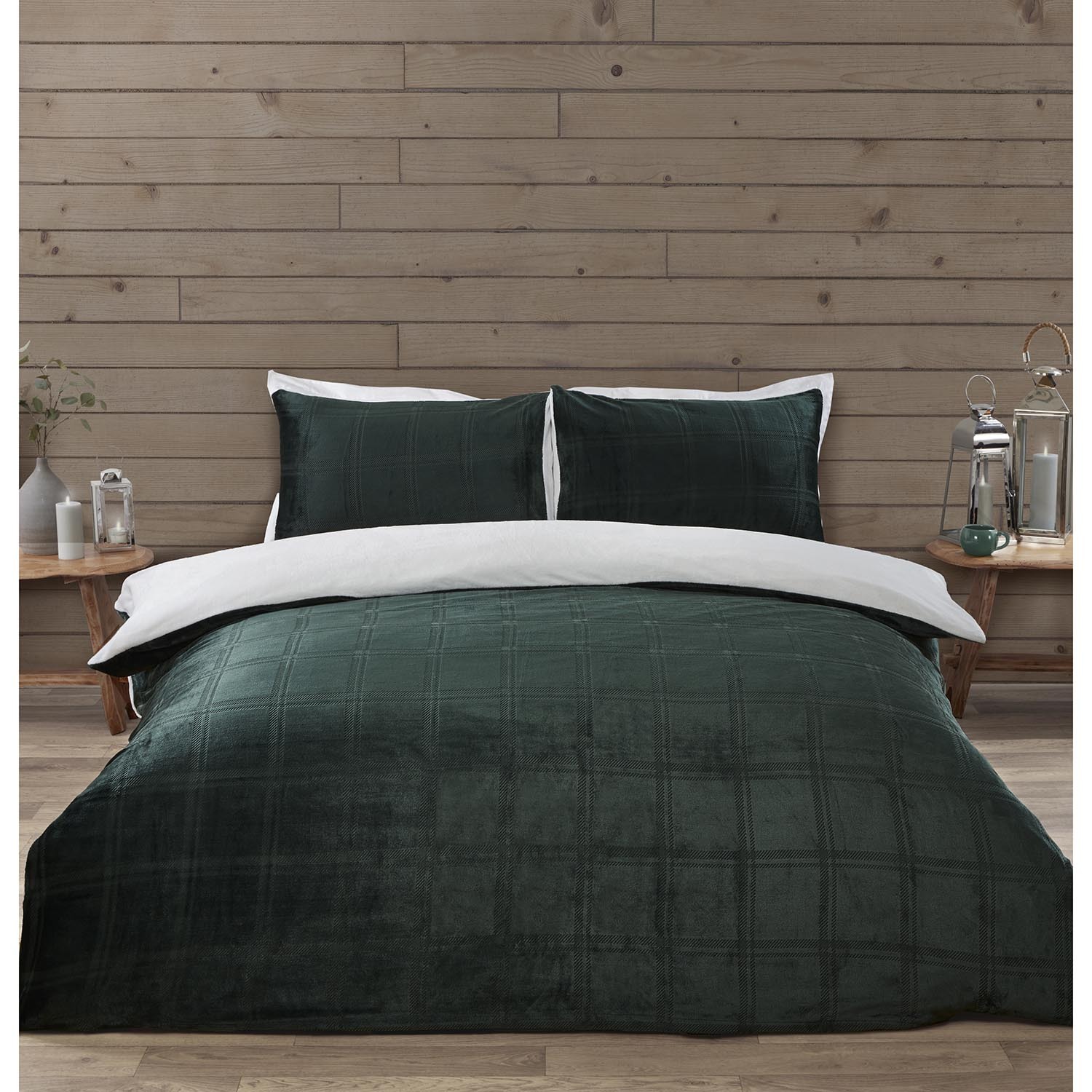 Halston King Size Green Check Fleece Duvet Cover and Pillowcase Set Image 1