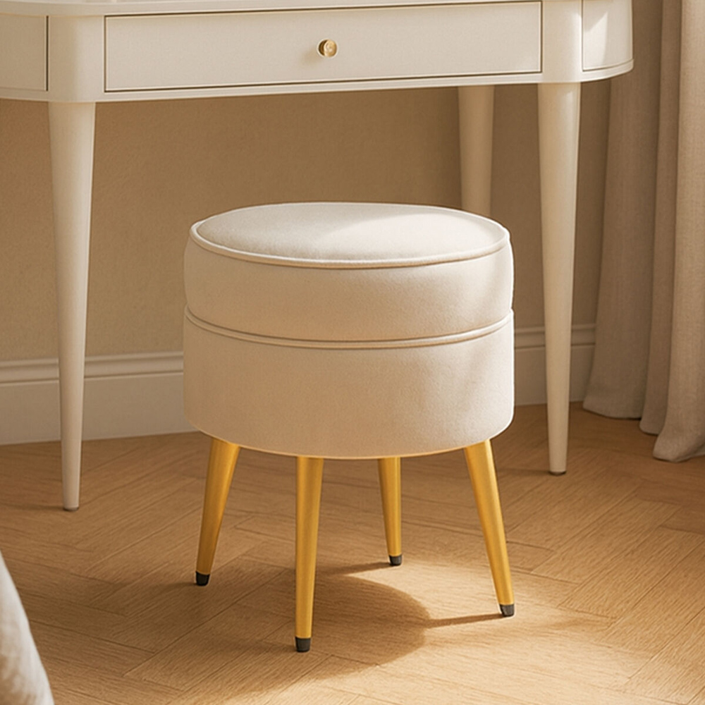 Premier Housewares Tamra Cream Velvet Round Padded Footstool with Gold Legs Image 5