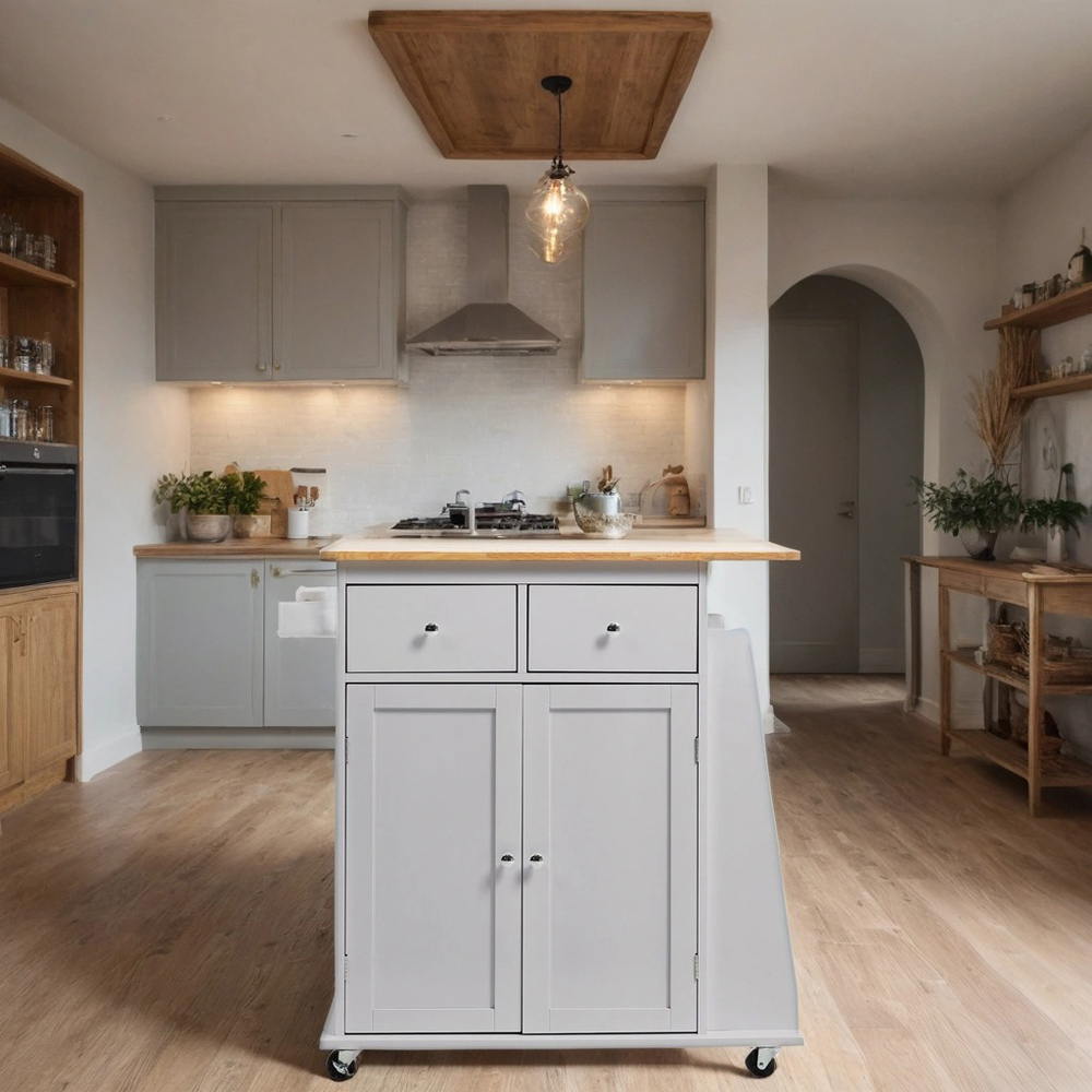 H&O Direct 2 Door 2 Drawer Grey Rubberwood Top Kitchen Trolley with Wheels Image 2