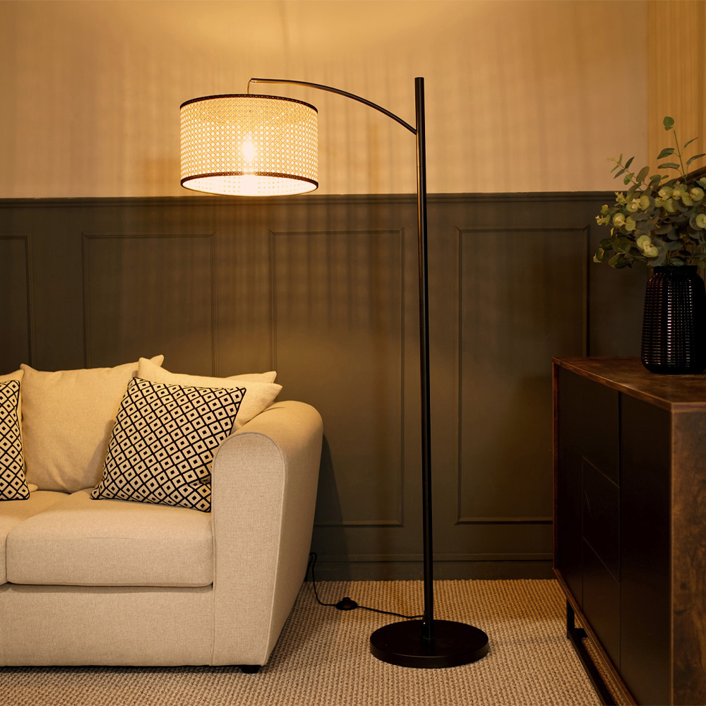 ValueLights Preto Black and Natural Cane Shade Metal LED Floor Lamp Image 3