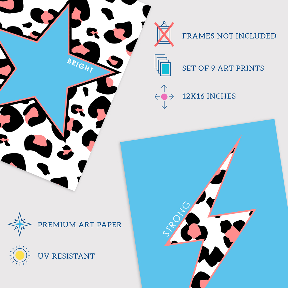 Wee Blue Coo Blue Pink Leopard Pattern Heart Lightning Star Wall Art Print 30 x 41cm 9 Pack Image 4