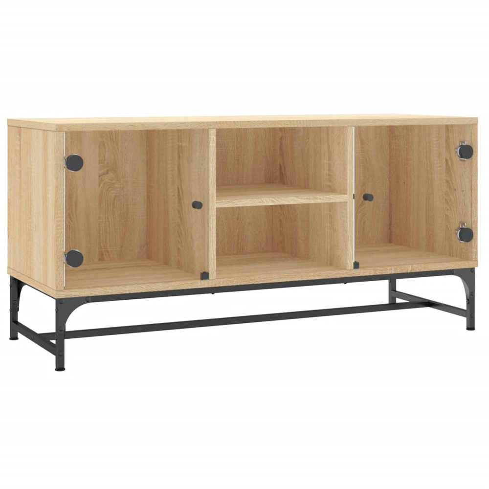 vidaXL 2 Glass Door 2 Shelf Natural Wooden TV Cabinet Image 2