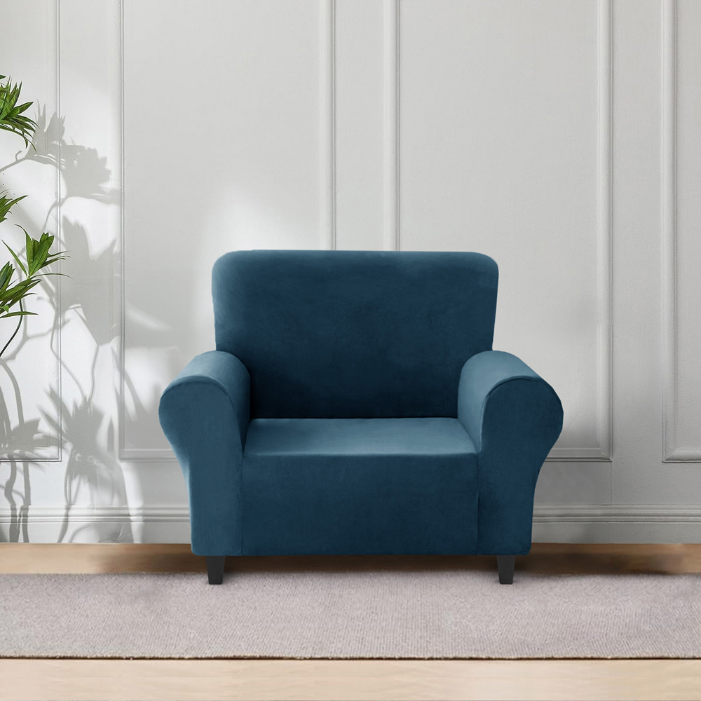 Homerepublic Single Seater Teal Mink Velvet Stretch Fit Sofa Cover Image 2