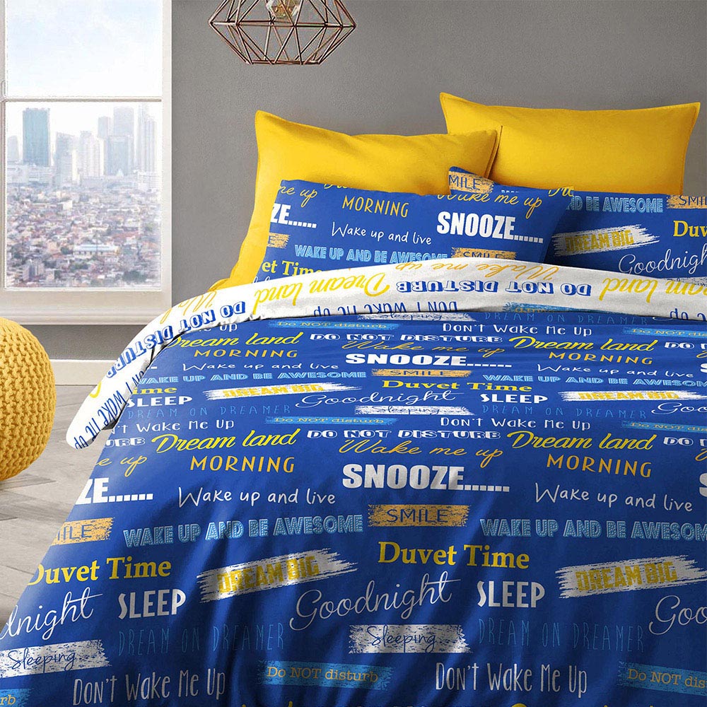 Velosso King Size Blue Snooze Wake Me Up Theme Slogan Duvet Cover Set Image 1