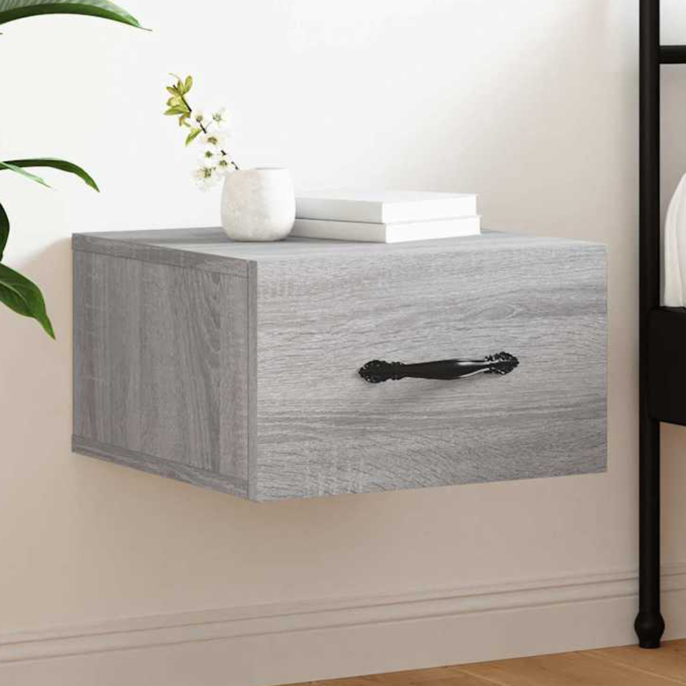 vidaXL Single Drawer Grey Sonoma Wall Mounted Bedside Cabinet with Black Handle Image 1