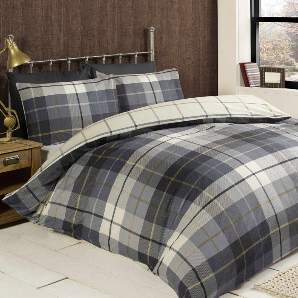 Rapport Home Lomond Check Flannellette King Size Blue Brushed Cotton Duvet Set Image