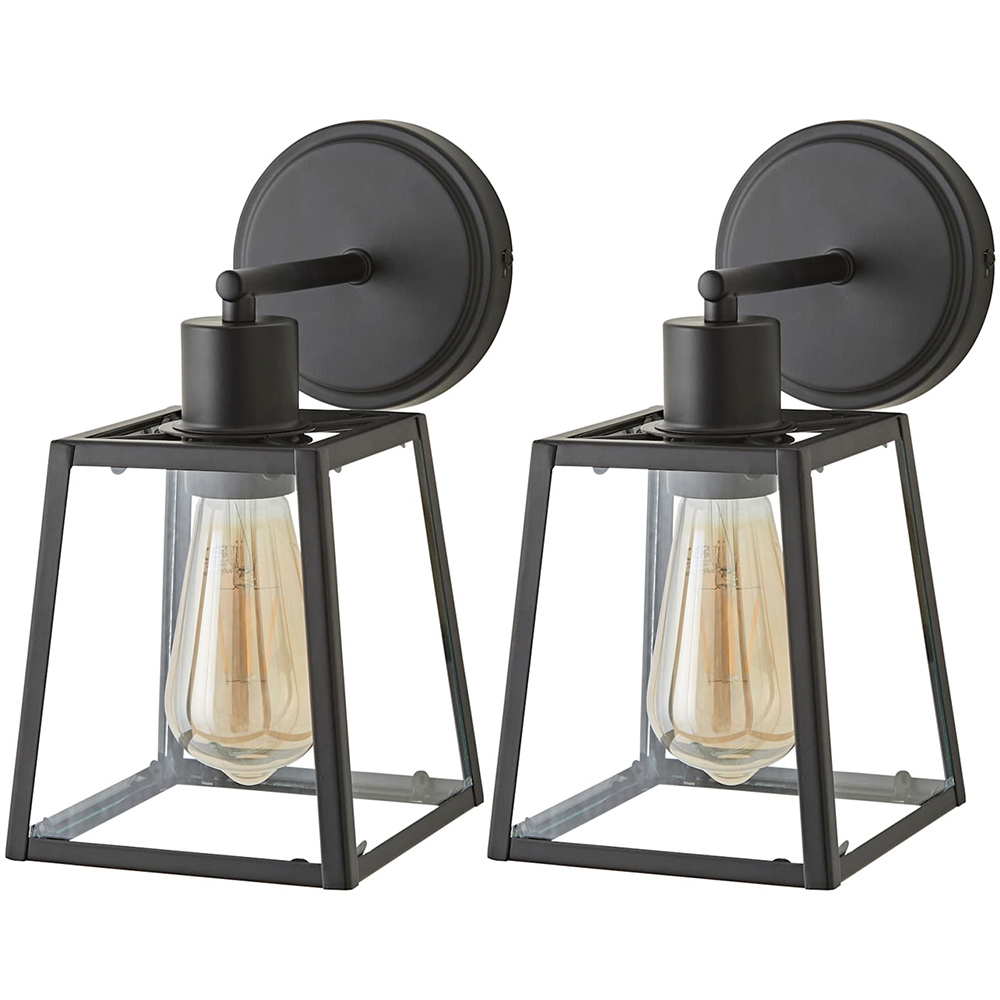 ValueLights Susie Lantern Shade Matt Black Glass Wall Light with Bulb 2 Pack Image 1