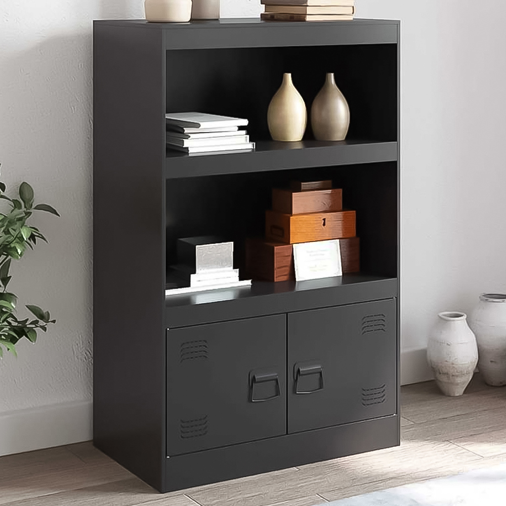 vidaXL 2 Door 2 Shelf Black Steel Sideboard Image 1