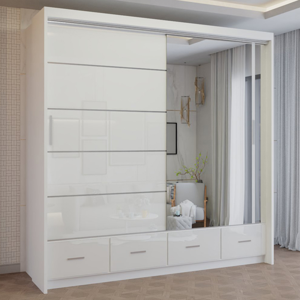 M N Furniture Seliyaa 2 Door 4 Drawer White High Gloss Sliding Door Wardrobe 203cm Image 1