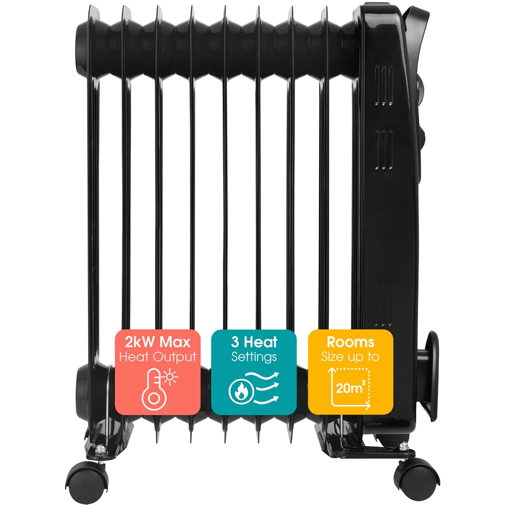 Abode AOFR9003B Black 9 Fin Oil Filled Radiator in Black 2000W Image 5