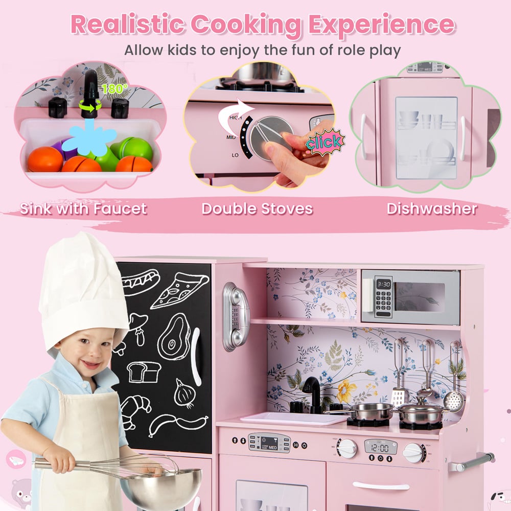 Costway Toddler Cream Pink Kitchen Play Set with Accessories and Simulated Sounds Image 4