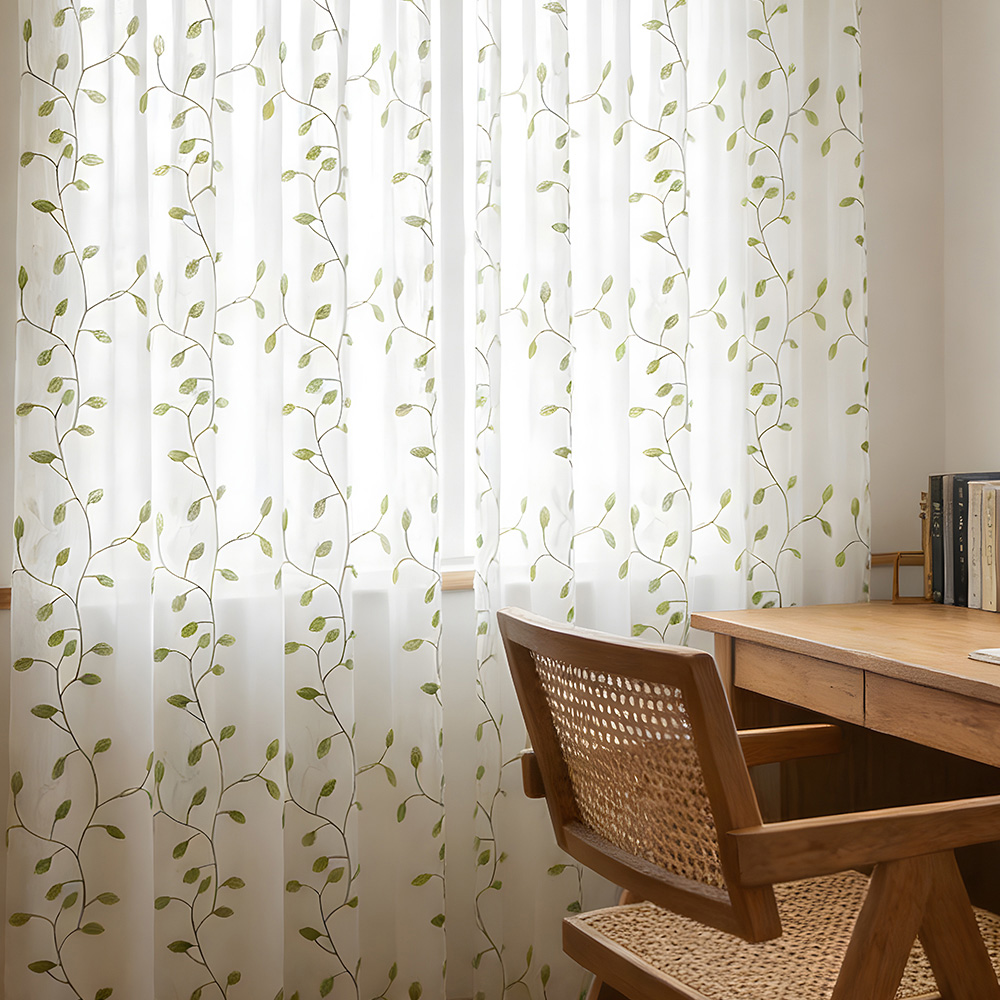 Living and Home Green Vine Embroidered Semi-Sheer 2 Panel Curtains 130 x 240cm Image 1