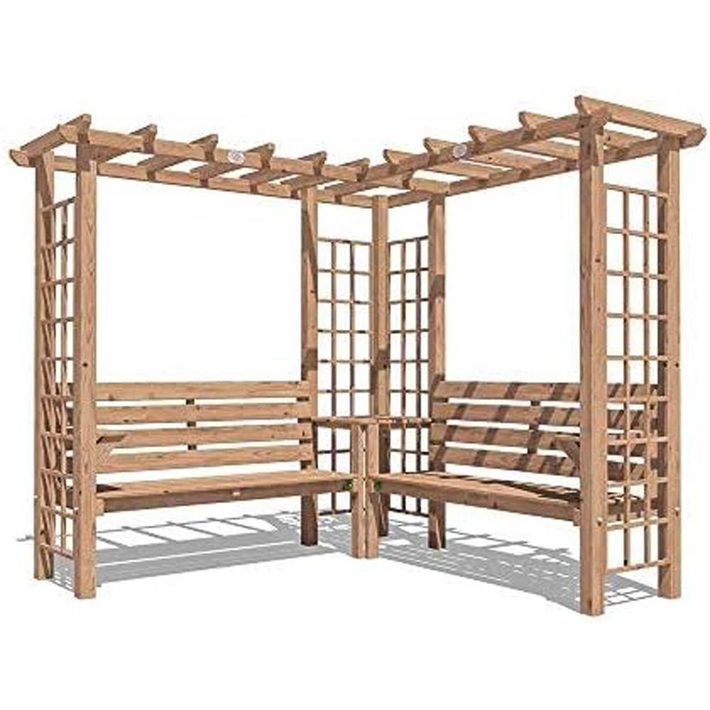 Dunster House Gerlinde 4 Seater Brown Roof Corner Pergola Arch Bench with Pergola Trellis and Mini Table 8 x 8ft Image 2