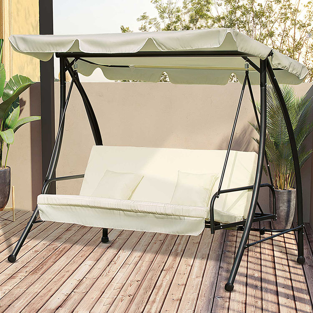 Outsunny 3 Seater 2 in 1 Cream White Swing Chair and Bed with Canopy Image