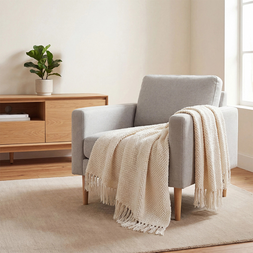 Living and Home Beige Popcorn Knit Throw Blanket with Tassels 130 x 170cm Image 2