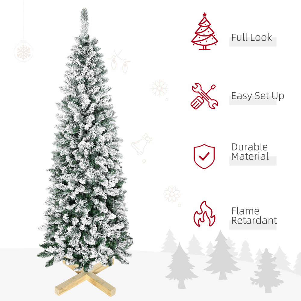 Everglow Green Pencil Snow Flocked Artificial Christmas Tree with Pinewood Base 6ft Image 4