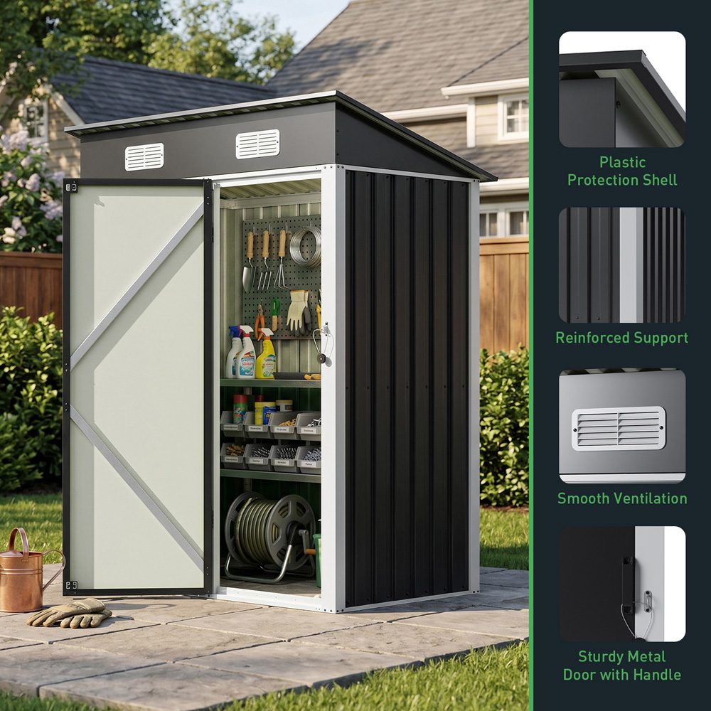Living and Home 5 x 3ft Black Pent Quick Assembly Metal Garden Storage Shed Image 4