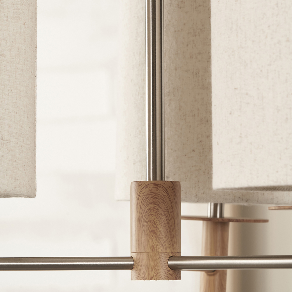 Pacific Lifestyle Bonham 3 Light White Fabric Shade Natural Wood and Silver Metal Pendant Light Image 3