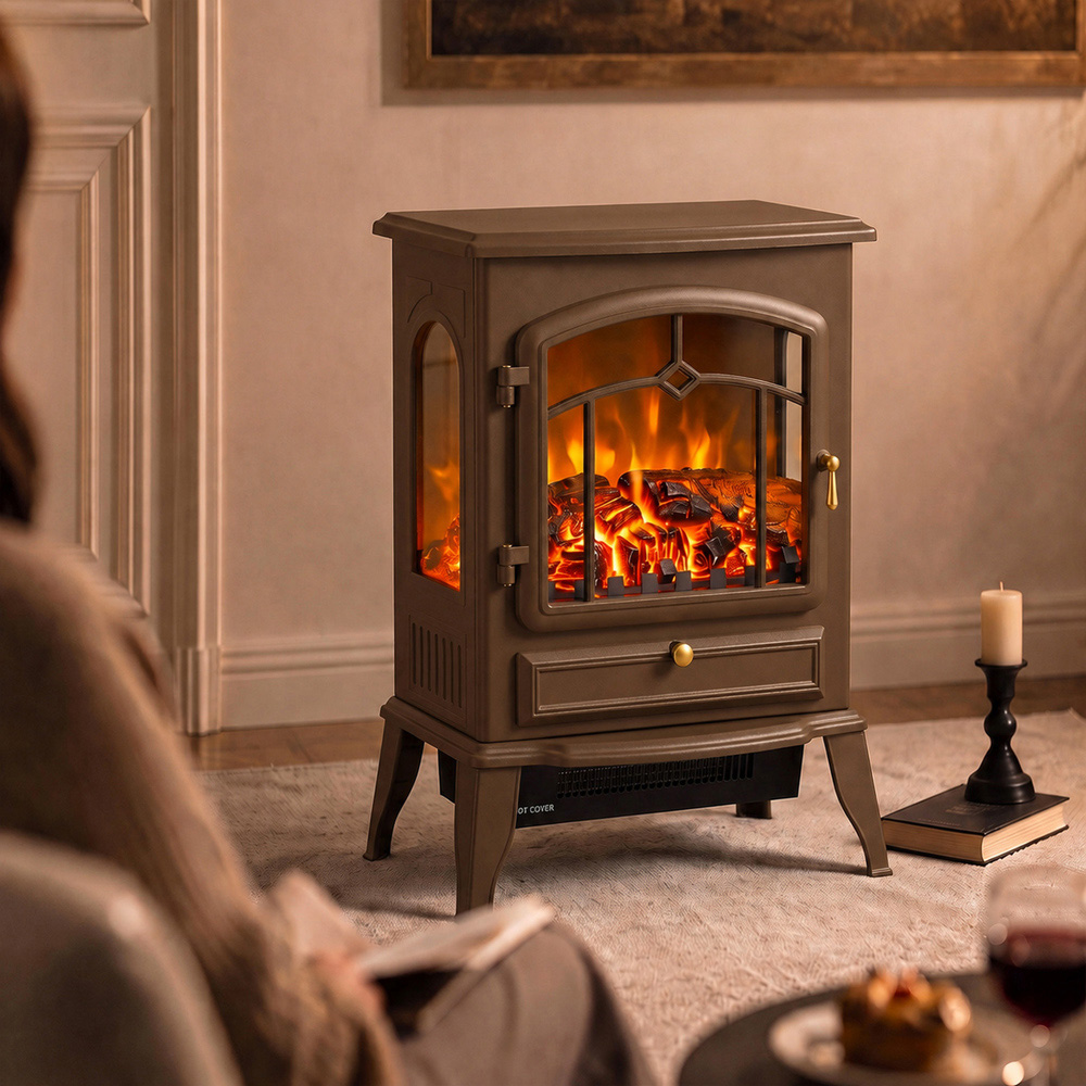 HOMCOM 3-Sided Brown Electric Fireplace Stove with Realistic Log Flame Effect Image 3