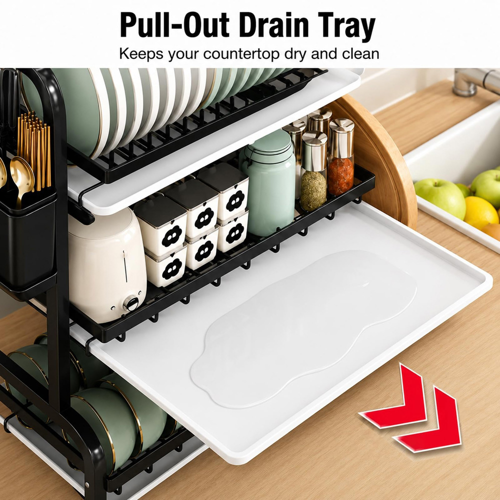 ATEK 3-Tier White Dish Drying Rack with Drip Tray Image 2