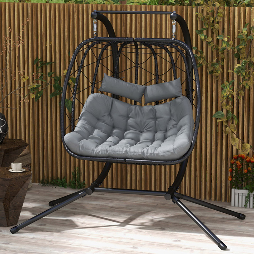 Outsunny 2 Seater Black Rattan Egg Chair with Cushions Image 1