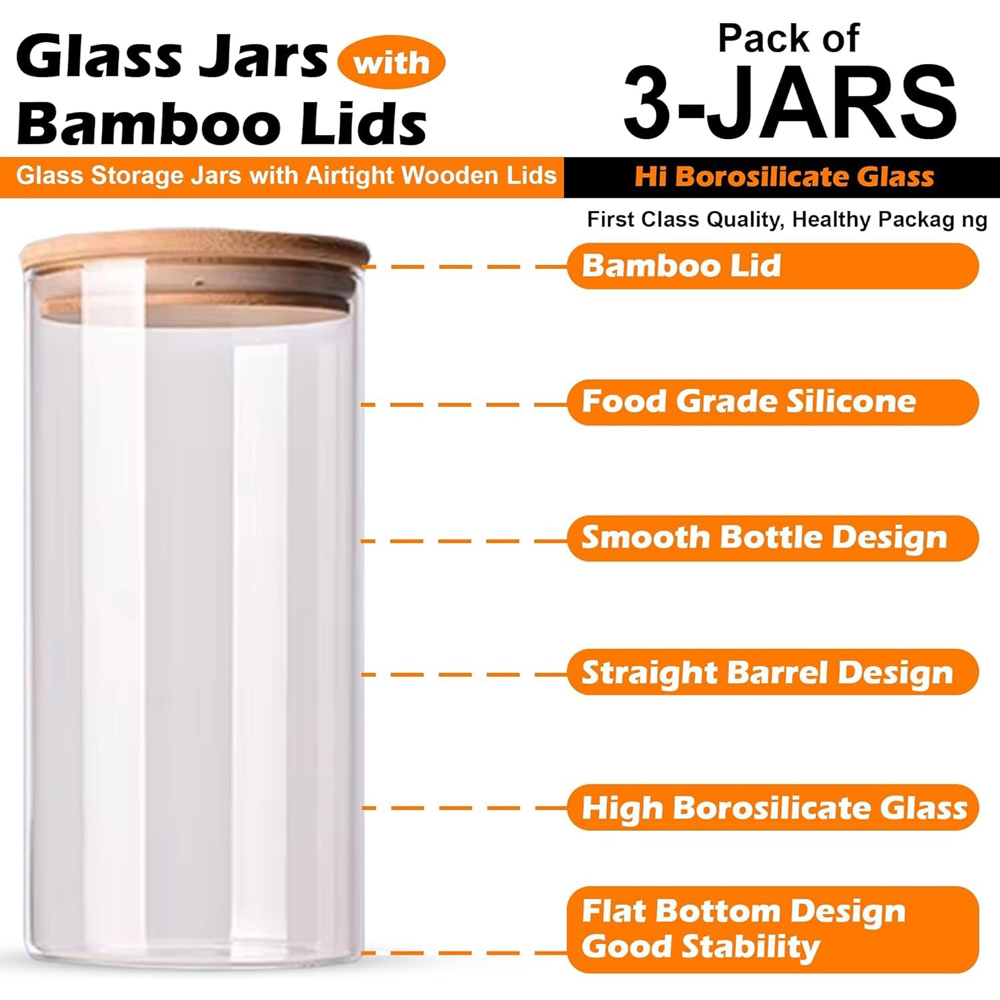 ATEK Clear Glass Food Storage Jars with Airtight Bamboo Lid 900ml 3 Pack Image 3